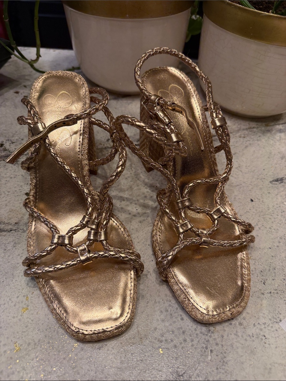 Jessica Simpson Metallic Gold Braided Strap Heeled Sandals size 7